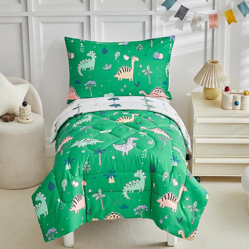 DuShow Dinosaur Toddler Bedding Set for Boys, 4 Pieces Soft Crib Bed Set Including Comforter, Fitted Sheet, Flat Top Sheet and Pillowcase-Green - Image 1